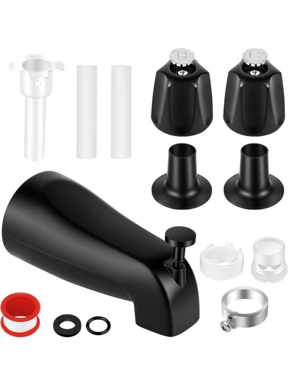 Matte Black 2-Piece Tub Shower Faucet Set, Metal Knobs & Spout, Hot/Cold Handles